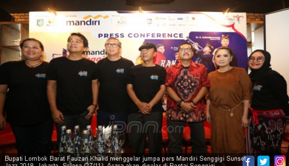 Bupati Lombok Barat Fauzan Khalid menggelar jumpa pers Mandiri Senggigi Sunset Jazz 2018, Jakarta, Selasa (27/11). Acara akan digelar di Pantai Senggigi, Lombok, NTB, 9 Desember 2018 untuk menghibur warga korban gempa. Kegiatan ini dimaksudkan sebagai salah satu bentuk trauma healing untuk masyarakat setempat. - JPNN.com