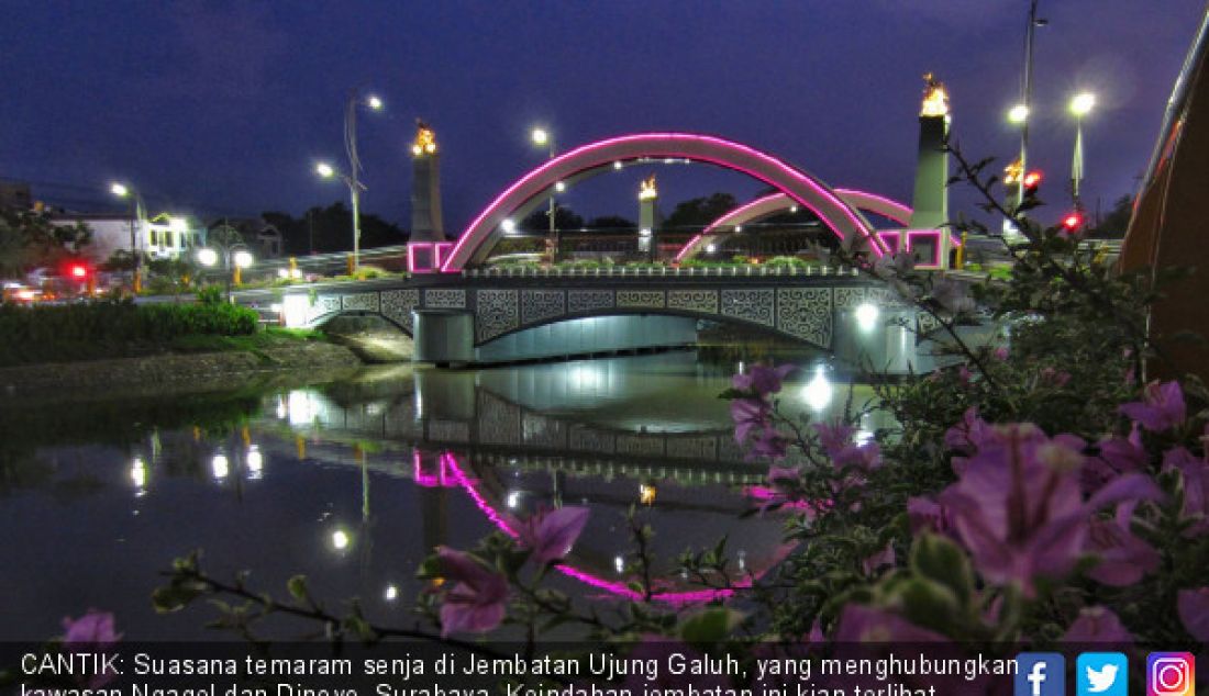 CANTIK: Suasana temaram senja di Jembatan Ujung Galuh, yang menghubungkan kawasan Ngagel dan Dinoyo, Surabaya. Keindahan jembatan ini kian terlihat seiring mekarnya bunga-bunga dengan warna senada di kawasan tersebut. - JPNN.com