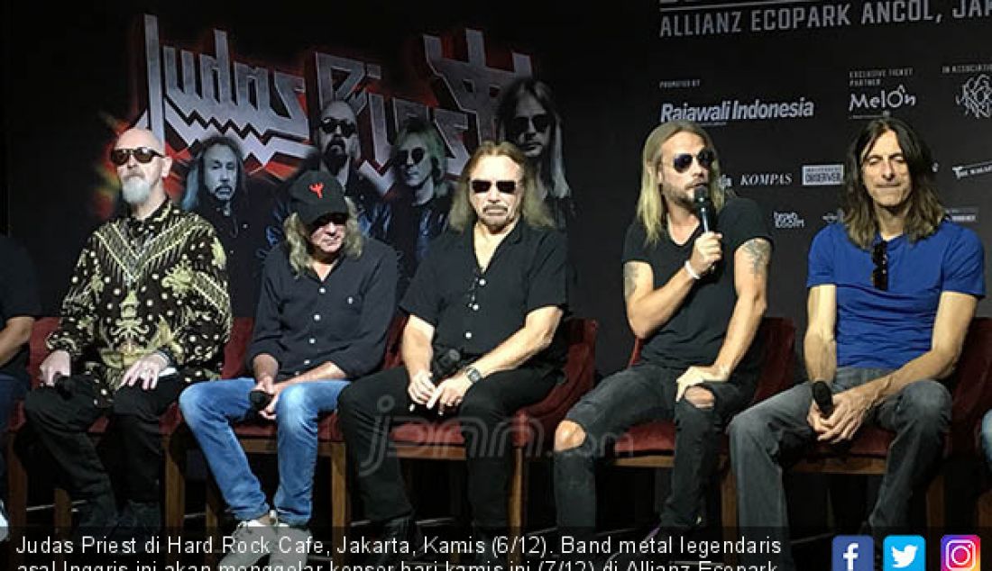 Judas Priest di Hard Rock Cafe, Jakarta, Kamis (6/12). Band metal legendaris asal Inggris ini akan menggelar konser hari kamis ini (7/12) di Allianz Ecopark Ancol, Jakarta. - JPNN.com