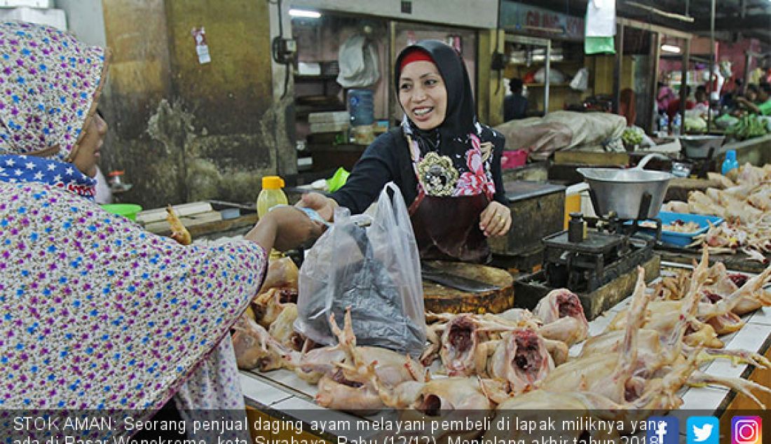 STOK AMAN: Seorang penjual daging ayam melayani pembeli di lapak miliknya yang ada di Pasar Wonokromo, kota Surabaya, Rabu (12/12). Menjelang akhir tahun 2018 dan malam perayaan tahun baru, stok daging ayam dipastikan aman. - JPNN.com