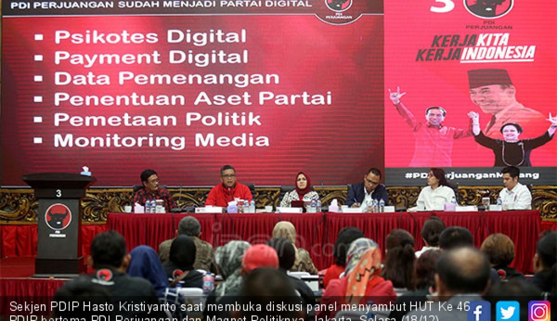Sekjen PDIP Hasto Kristiyanto saat membuka diskusi panel menyambut HUT Ke 46 PDIP bertema PDI Perjuangan dan Magnet Politiknya, Jakarta, Selasa (18/12). - JPNN.com
