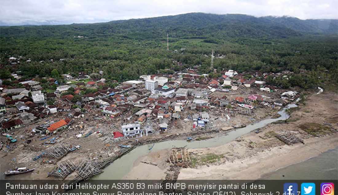Pantauan udara dari Helikopter AS350 B3 milik BNPB menyisir pantai di desa Sumber Jaya Kecamatan Sumur Pandeglang Banten, Selasa (25/12). Sebanyak 2 dari 7 desa di Kecamatan Sumur terkena dampak Tsunami Sabtu (22/12) malam. - JPNN.com