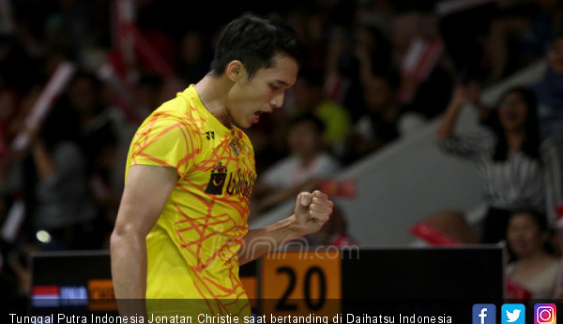 Tunggal Putra Indonesia Jonatan Christie saat bertanding di Daihatsu Indonesia Master 2019, Jakarta, Kamis (24/1). - JPNN.com