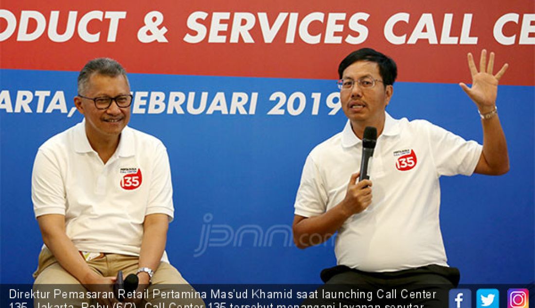 Direktur Pemasaran Retail Pertamina Mas’ud Khamid saat launching Call Center 135, Jakarta, Rabu (6/2). Call Center 135 tersebut menangani layanan seputar produk Pertamina. - JPNN.com