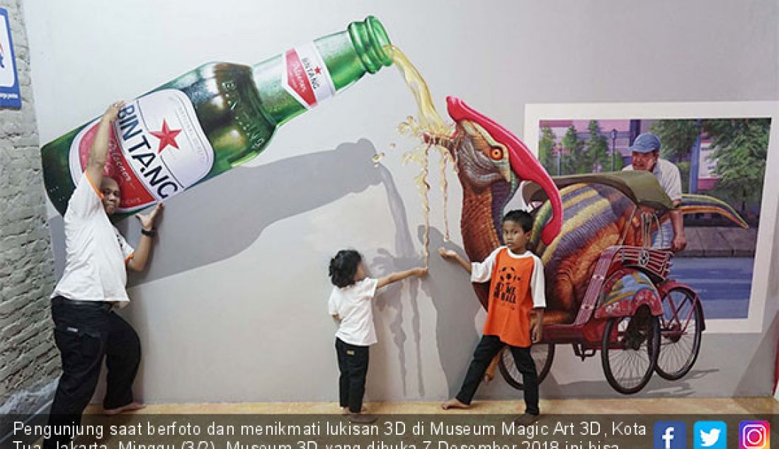 Pengunjung saat berfoto dan menikmati lukisan 3D di Museum Magic Art 3D, Kota Tua, Jakarta, Minggu (3/2). Museum 3D yang dibuka 7 Desember 2018 ini bisa menjadi alternatif liburan di Jakarta, dengan lebih dari 100 spot foto. - JPNN.com