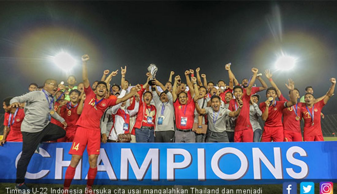 Timnas U-22 Indonesia bersuka cita usai mangalahkan Thailand dan menjadi menjuarai di Piala AFF U-22. - JPNN.com