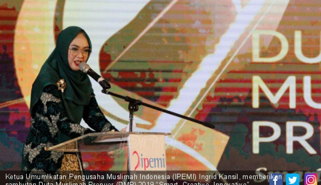 Ketua UmumIkatan Pengusaha Muslimah Indonesia (IPEMI) Ingrid Kansil, memberikan sambutan Duta Muslimah Prenuer (DMP) 2019 “Smart, Creative, Innovative”, Jakarta, Jumat, (30/3). - JPNN.com