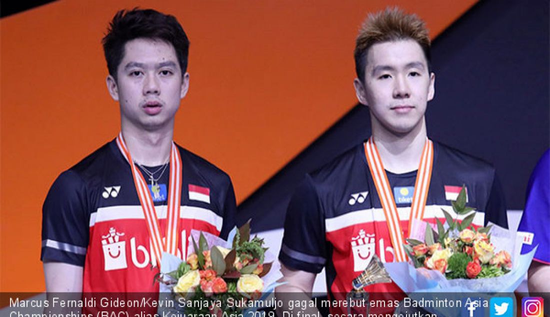 Marcus Fernaldi Gideon/Kevin Sanjaya Sukamuljo gagal merebut emas Badminton Asia Championships (BAC) alias Kejuaraan Asia 2019. Di final, secara mengejutkan, mereka dihajar Hiroyuki Endo/Yuta Watanabe dengan skor 18-21, 3-21. - JPNN.com