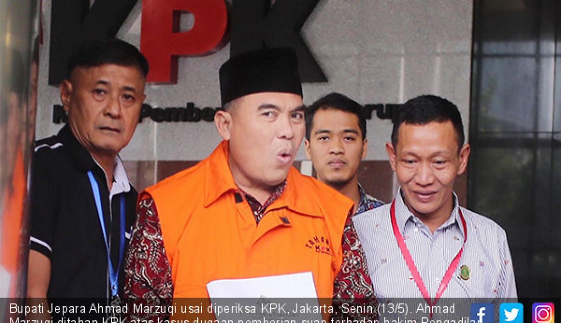 Bupati Jepara Ahmad Marzuqi usai diperiksa KPK, Jakarta, Senin (13/5). Ahmad Marzuqi ditahan KPK atas kasus dugaan pemberian suap terhadap hakim Pengadilan Negeri (PN) Semarang terkait gugatan praperadilan. - JPNN.com