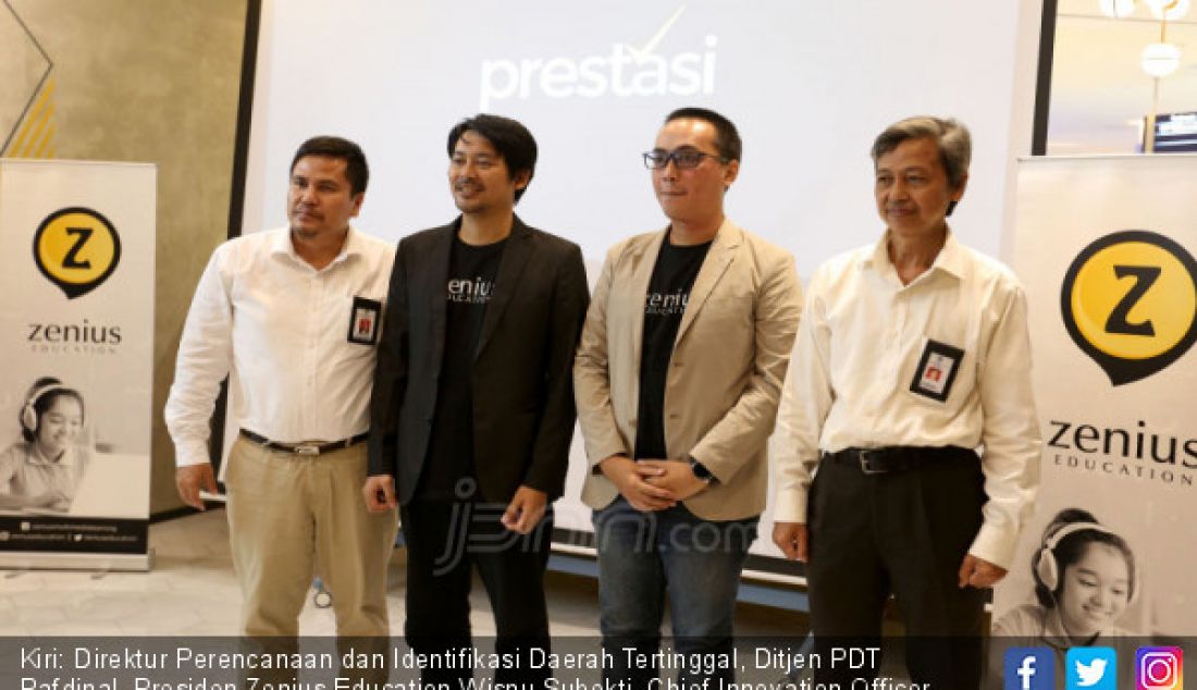 Kiri: Direktur Perencanaan dan Identifikasi Daerah Tertinggal, Ditjen PDT Rafdinal, Presiden Zenius Education Wisnu Subekti, Chief Innovation Officer, Zenius Education Rizky Andriawan dan Direktur Pengembangan Sumber Daya Manusia, Ditjen PDT Priyono saat peluncuran Zenius Prestasi dan Kerja Sama dengan Kemendes PDTT, Jakarta, Selasa (14/5). - JPNN.com