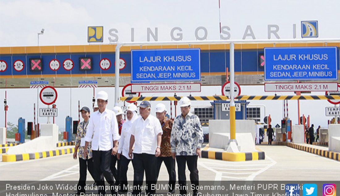 Presiden Joko Widodo didampingi Menteri BUMN Rini Soemarno, Menteri PUPR Basuki Hadimuljono, Menteri Perhubungan Budi Karya Sumadi, Gubernur Jawa Timur Khofifah Indar Parawansa meninjau dan meresmikan tol Pandaan-Malang. - JPNN.com