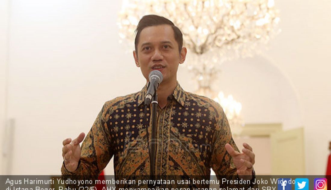 Agus Harimurti Yudhoyono memberikan pernyataan usai bertemu Presiden Joko Widodo di Istana Bogor, Rabu (22/5). AHY menyampaikan pesan ucapan selamat dari SBY kepada Jokowi atas terpilihnya Paslon Joko Widodo - Ma'ruf Amin. - JPNN.com