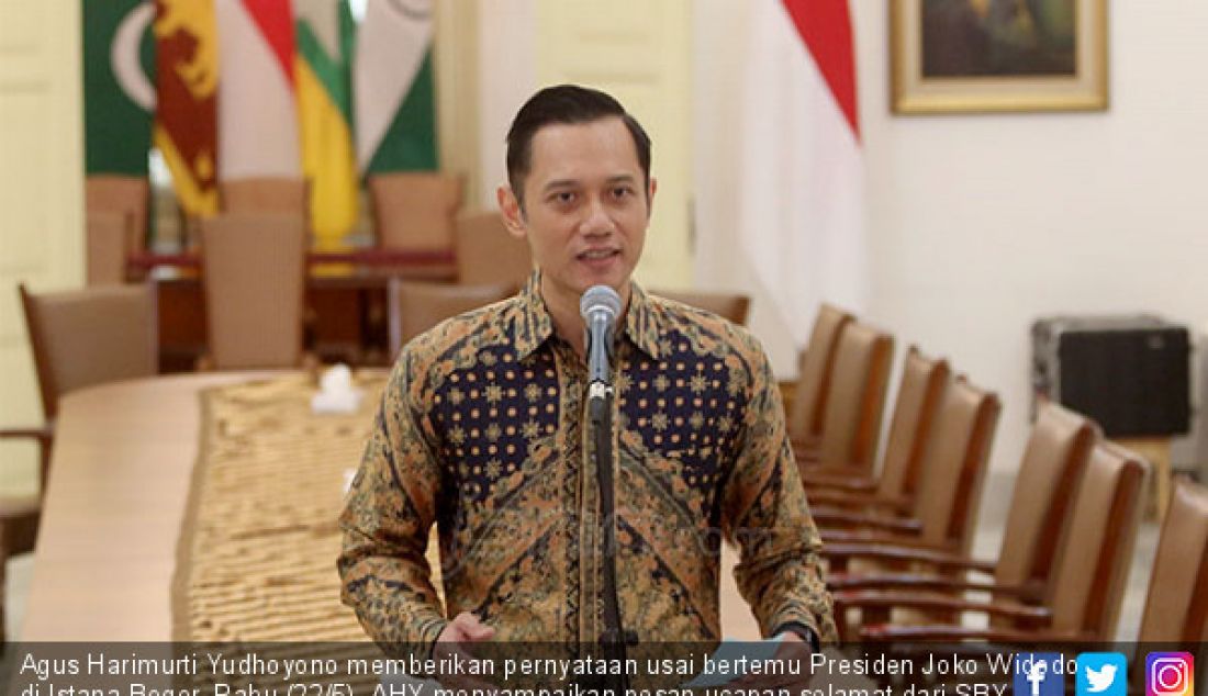 Agus Harimurti Yudhoyono memberikan pernyataan usai bertemu Presiden Joko Widodo di Istana Bogor, Rabu (22/5). AHY menyampaikan pesan ucapan selamat dari SBY kepada Jokowi atas terpilihnya Paslon Joko Widodo - Ma'ruf Amin. - JPNN.com