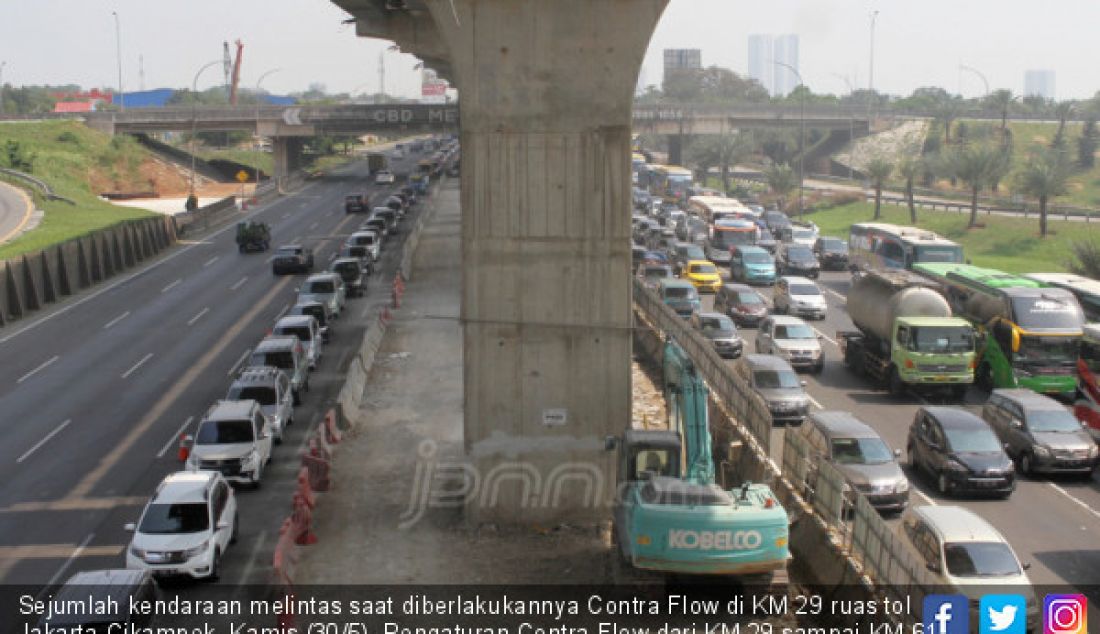 Sejumlah kendaraan melintas saat diberlakukannya Contra Flow di KM 29 ruas tol Jakarta-Cikampek, Kamis (30/5). Pengaturan Contra Flow dari KM 29 sampai KM 61 ruas tol Jakarta-Cikampek, pada pukul 06.00-21.00 WIB dilakukan untuk mengurai kepadatan arus mudik lebaran. - JPNN.com