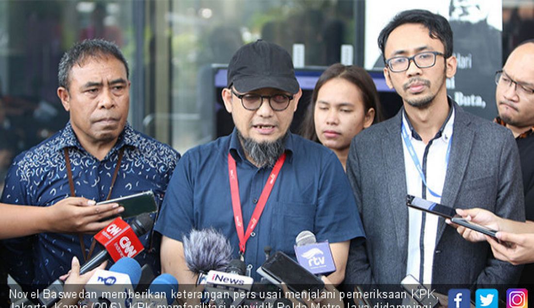 Novel Baswedan memberikan keterangan pers usai menjalani pemeriksaan KPK, Jakarta, Kamis (20/6). KPK memfasilitasi penyidik Polda Metro Jaya didampingi oleh tim asistensi ahli atau tim gabungan untuk memeriksa Novel Baswedan. - JPNN.com