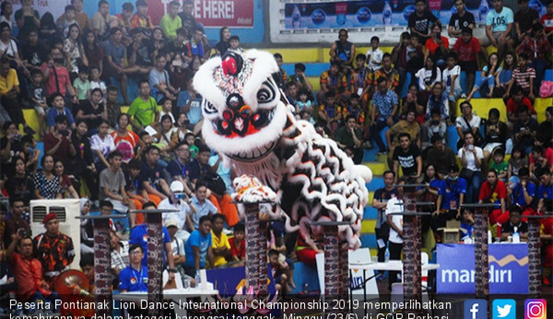 Peserta Pontianak Lion Dance International Championship 2019 memperlihatkan kemahirannya dalam kategori barongsai tonggak, Minggu (23/6) di GOR Perbasi. - JPNN.com