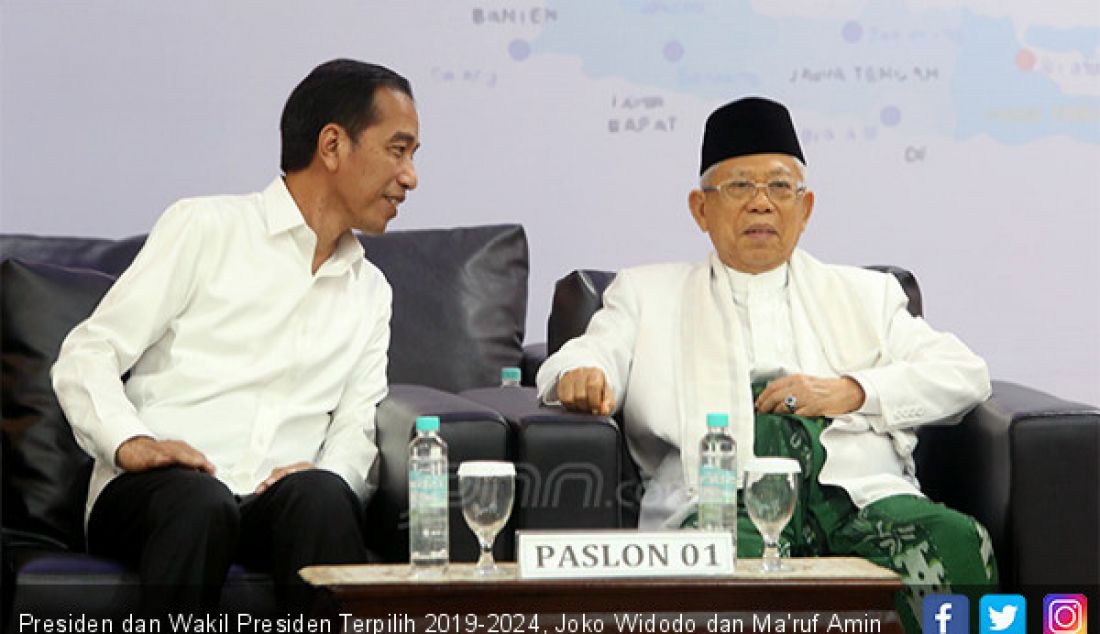 Presiden dan Wakil Presiden Terpilih 2019-2024, Joko Widodo dan Ma'ruf Amin menghadiri penetapan di kantor KPU, Jakarta, Minggu (30/6) - JPNN.com