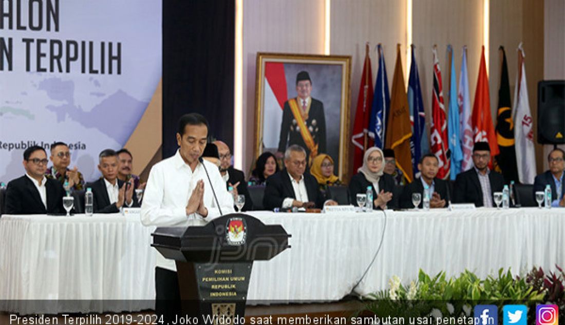 Presiden Terpilih 2019-2024, Joko Widodo saat memberikan sambutan usai penetapan di kantor KPU, Jakarta, Minggu (30/6). - JPNN.com