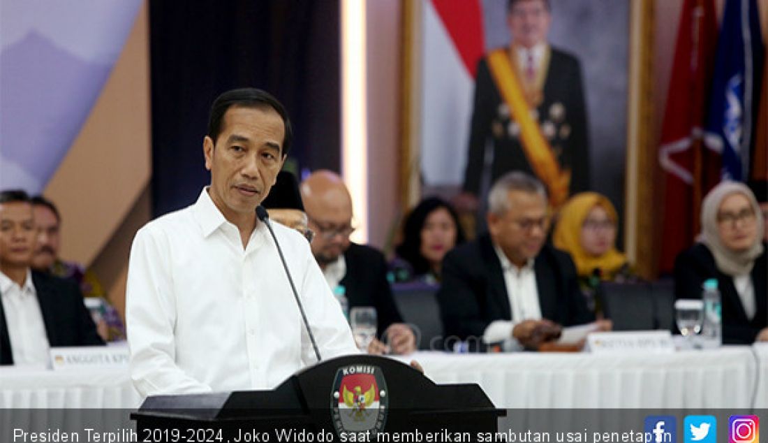 Presiden Terpilih 2019-2024, Joko Widodo saat memberikan sambutan usai penetapan di kantor KPU, Jakarta, Minggu (30/6). - JPNN.com