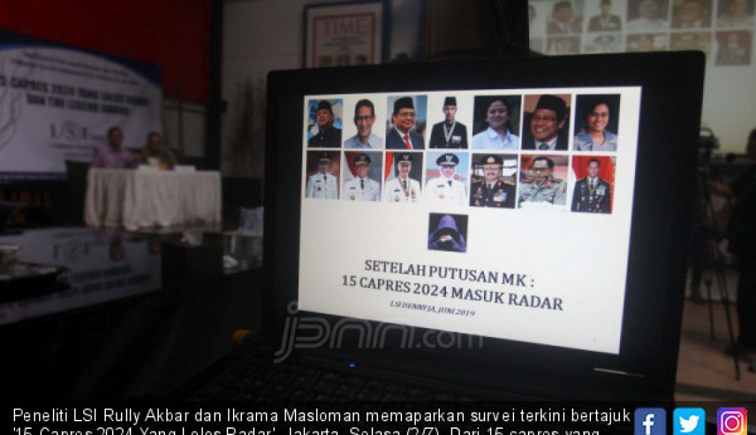 Peneliti LSI Rully Akbar dan Ikrama Masloman memaparkan survei terkini bertajuk '15 Capres 2024 Yang Lolos Radar', Jakarta, Selasa (2/7). Dari 15 capres yang lolos radar LSI, di antaranya ada Ridwan Kamil, Prabowo, Sandiaga Uno, Airlangga Hartarto, Puan Maharani, AHY, dan Muhaimin Iskandar. - JPNN.com