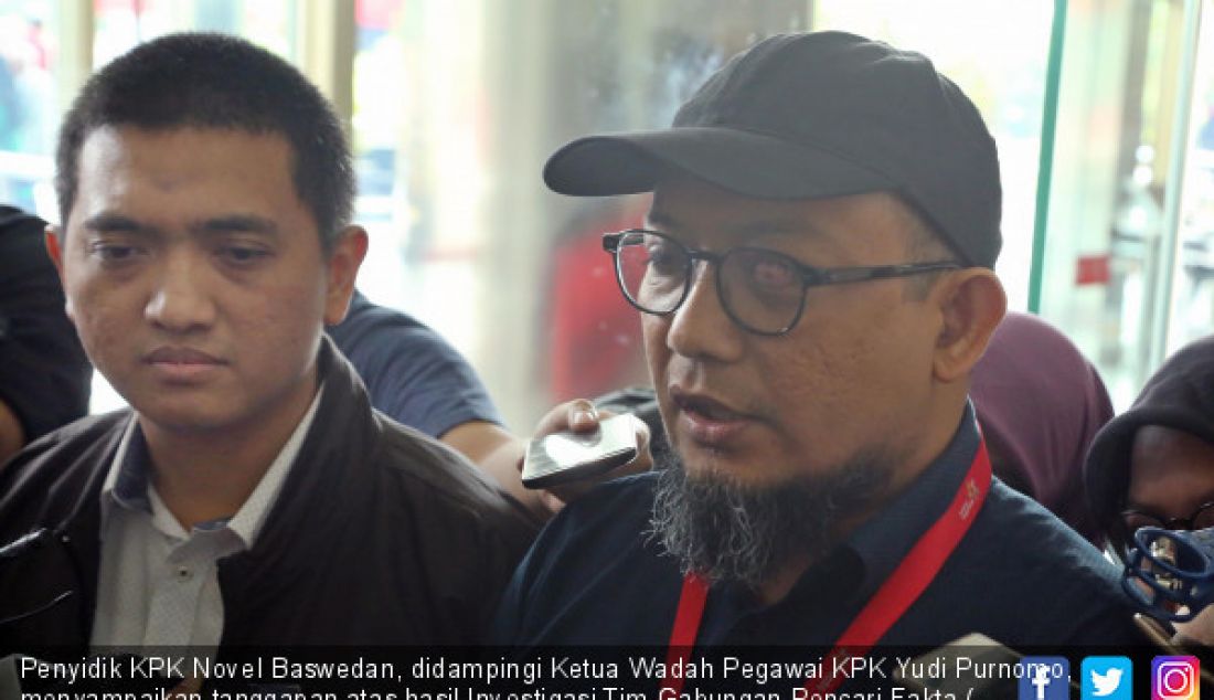 Penyidik KPK Novel Baswedan, didampingi Ketua Wadah Pegawai KPK Yudi Purnomo, menyampaikan tanggapan atas hasil Investigasi Tim Gabungan Pencari Fakta ( TGPF), Jakarta, Rabu (10/7). - JPNN.com