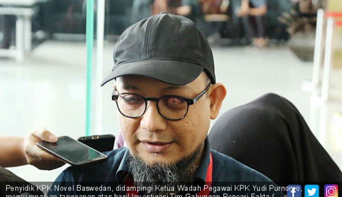 Penyidik KPK Novel Baswedan, didampingi Ketua Wadah Pegawai KPK Yudi Purnomo, menyampaikan tanggapan atas hasil Investigasi Tim Gabungan Pencari Fakta ( TGPF), Jakarta, Rabu (10/7). - JPNN.com