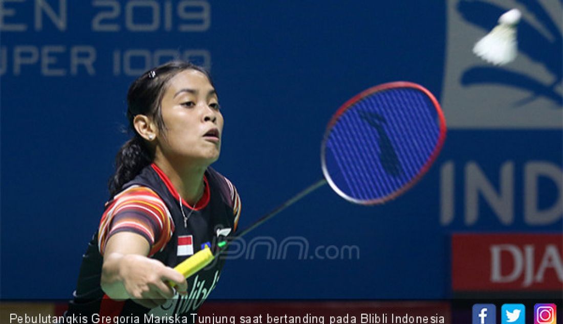 Pebulutangkis Gregoria Mariska Tunjung saat bertanding pada Blibli Indonesia Open 2019, Jakarta, Selasa (16/7) - JPNN.com