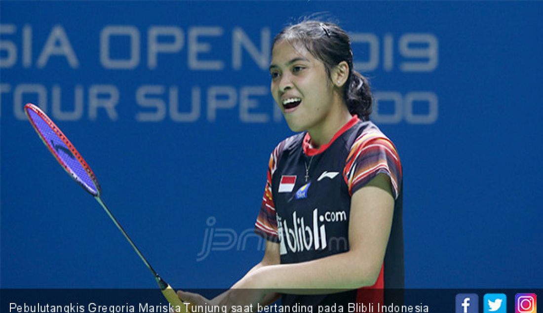 Pebulutangkis Gregoria Mariska Tunjung saat bertanding pada Blibli Indonesia Open 2019, Jakarta, Selasa (16/7) - JPNN.com