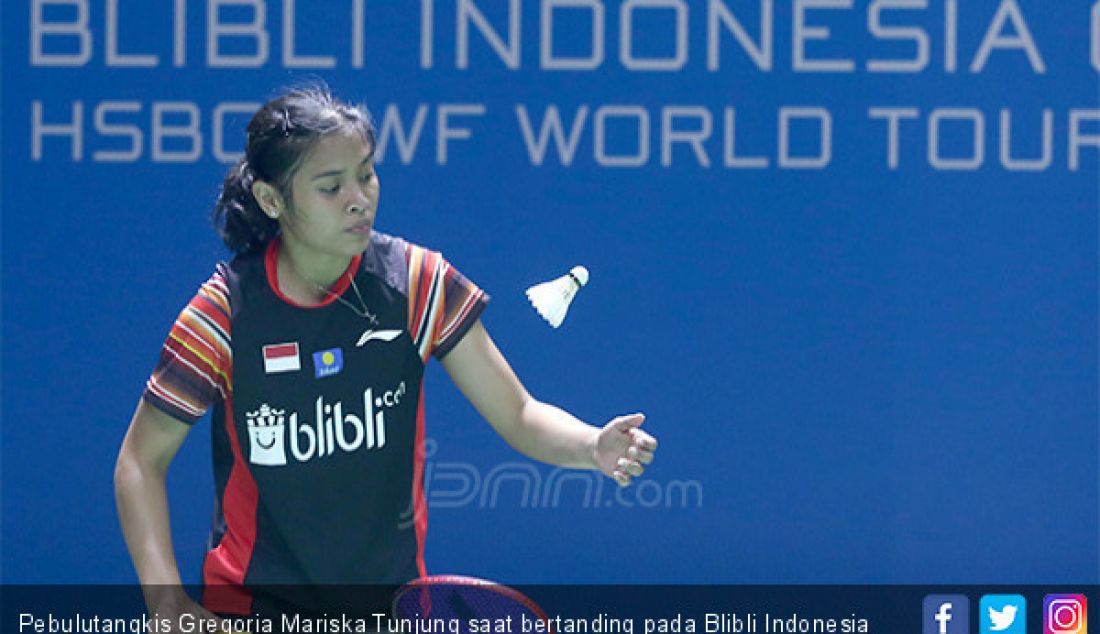 Pebulutangkis Gregoria Mariska Tunjung saat bertanding pada Blibli Indonesia Open 2019, Jakarta, Selasa (16/7) - JPNN.com