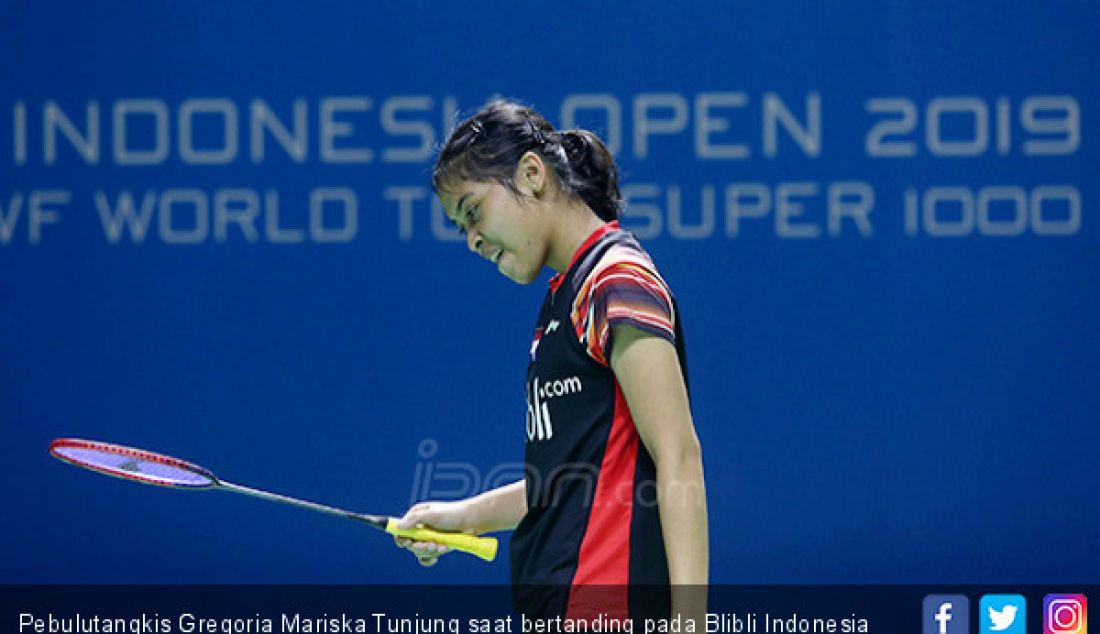 Pebulutangkis Gregoria Mariska Tunjung saat bertanding pada Blibli Indonesia Open 2019, Jakarta, Selasa (16/7) - JPNN.com