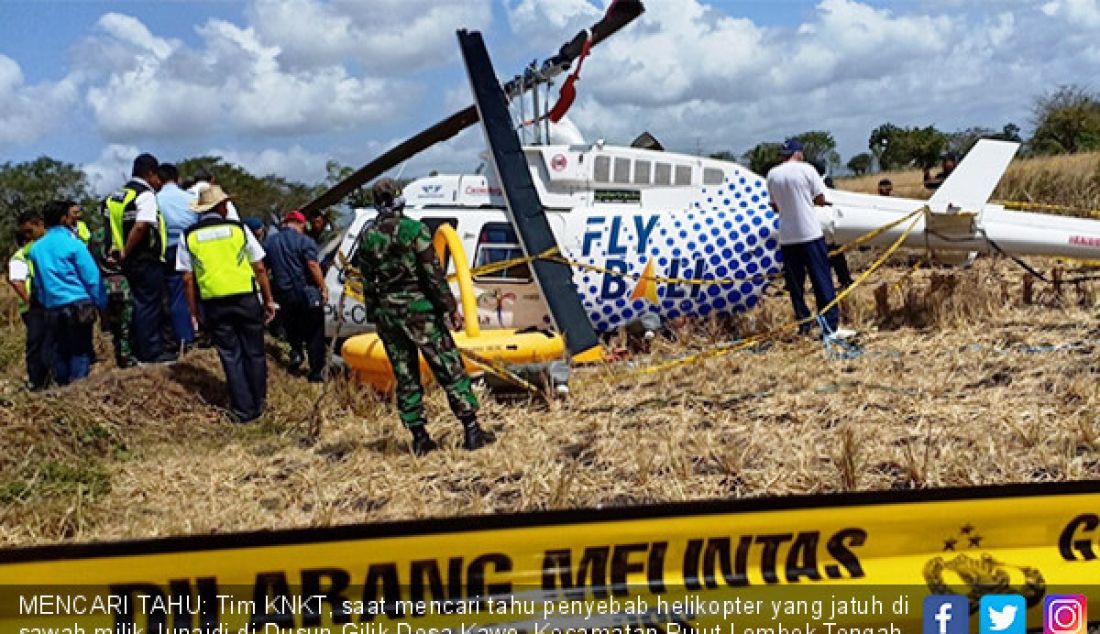 MENCARI TAHU: Tim KNKT, saat mencari tahu penyebab helikopter yang jatuh di sawah milik Junaidi di Dusun Gilik Desa Kawo, Kecamatan Pujut Lombok Tengah, Senin (15/7). - JPNN.com