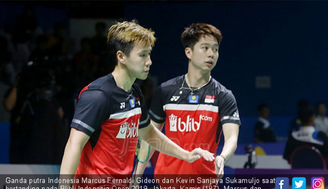 Ganda putra Indonesia Marcus Fernaldi Gideon dan Kevin Sanjaya Sukamuljo saat bertanding pada Blibli Indonesia Open 2019, Jakarta, Kamis (187). Marcus dan Kevin menang atas ganda putra India Satwiksairaj Rankireddy dan Chirag - JPNN.com