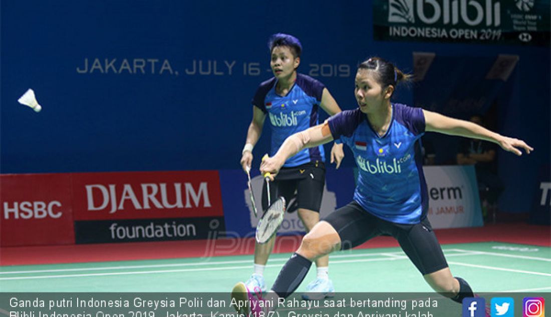 Ganda putri Indonesia Greysia Polii dan Apriyani Rahayu saat bertanding pada Blibli Indonesia Open 2019, Jakarta, Kamis (18/7). Greysia dan Apriyani kalah atas ganda putri Korea Selatan Kim So Yeong dan Kong Hee Yong dengan 20-22, 21-18 dan 13-2. - JPNN.com