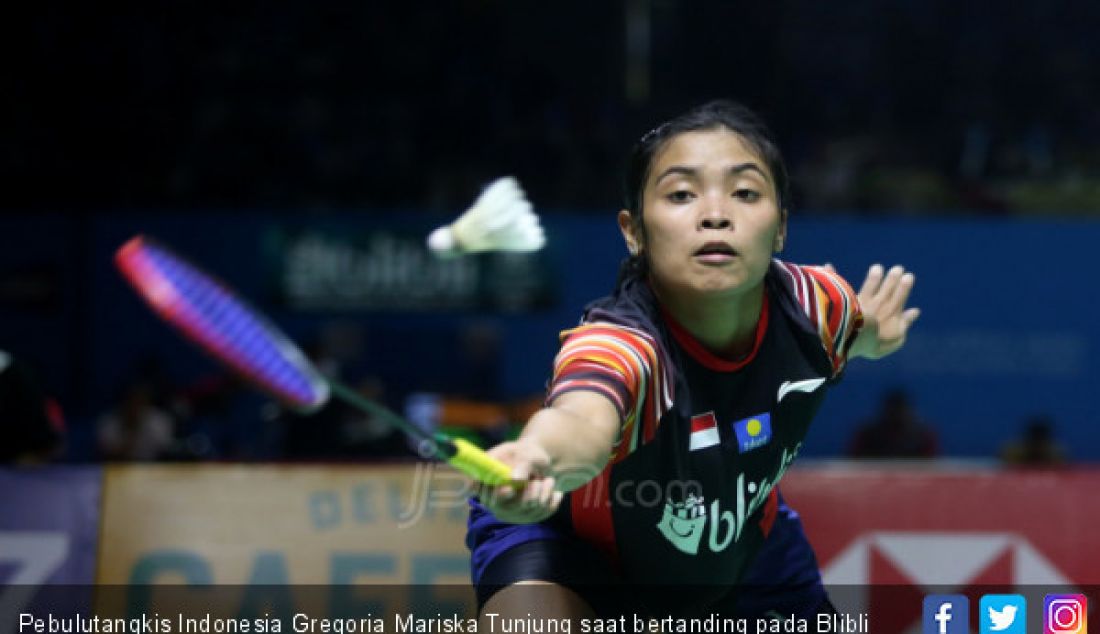 Pebulutangkis Indonesia Gregoria Mariska Tunjung saat bertanding pada Blibli Indonesia Open 2019, Jakarta, Kamis (18/7). - JPNN.com