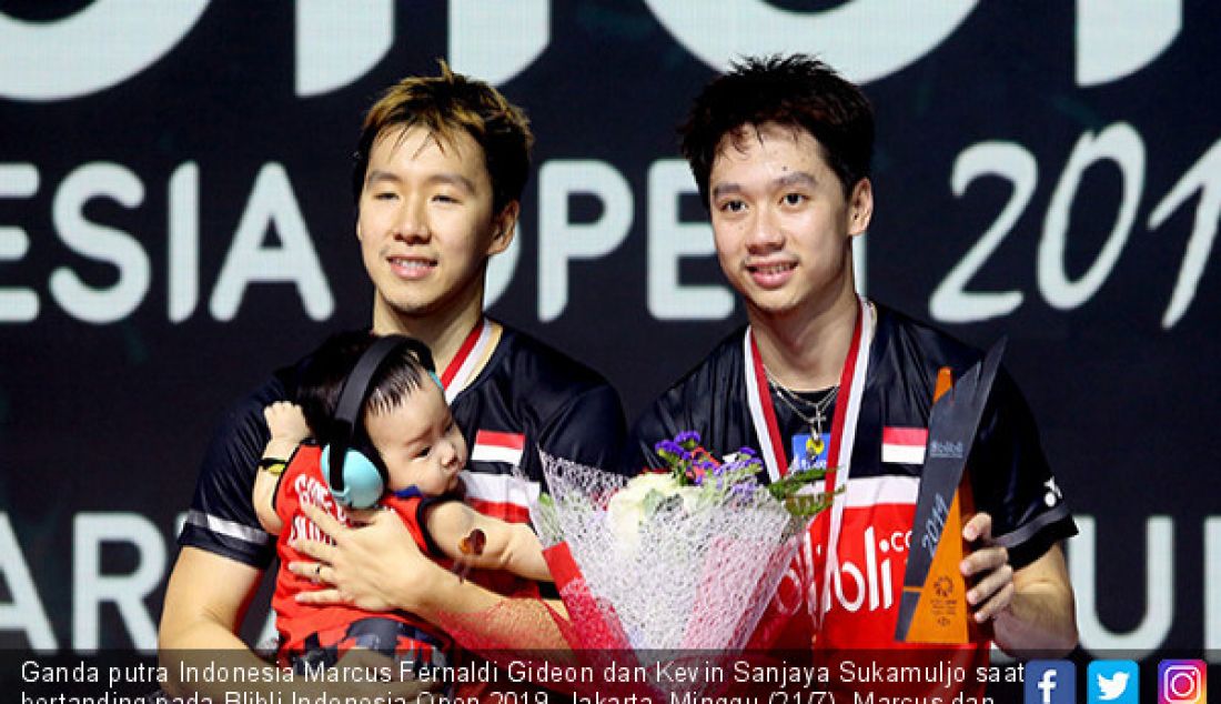 Ganda putra Indonesia Marcus Fernaldi Gideon dan Kevin Sanjaya Sukamuljo saat bertanding pada Blibli Indonesia Open 2019, Jakarta, Minggu (21/7). Marcus dan Kevin menang atas Mohammad Ahsan dan Hendra Setiawan. - JPNN.com