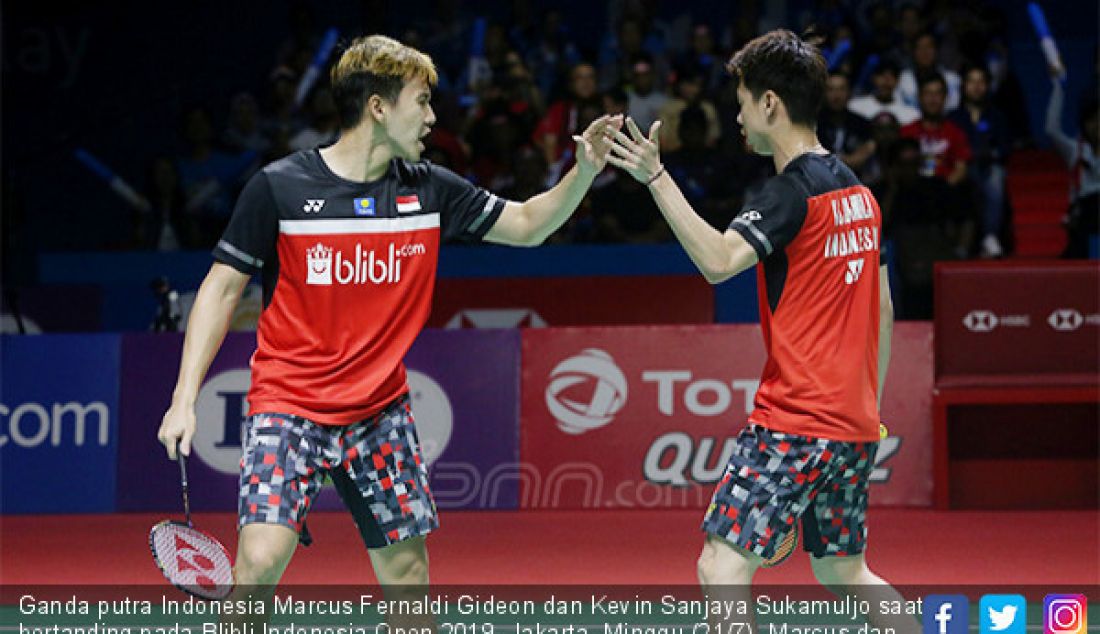 Ganda putra Indonesia Marcus Fernaldi Gideon dan Kevin Sanjaya Sukamuljo saat bertanding pada Blibli Indonesia Open 2019, Jakarta, Minggu (21/7). Marcus dan Kevin menang atas ganda putra Indonesia Mohammad Ahsan dan Hendra Setiawan dengan skor 21-19 21-16. - JPNN.com