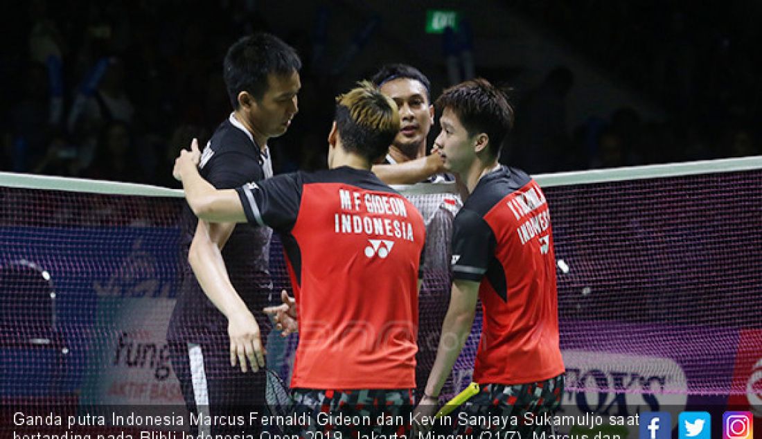 Ganda putra Indonesia Marcus Fernaldi Gideon dan Kevin Sanjaya Sukamuljo saat bertanding pada Blibli Indonesia Open 2019, Jakarta, Minggu (21/7). Marcus dan Kevin menang atas ganda putra Indonesia Mohammad Ahsan dan Hendra Setiawan dengan skor 21-19 21-16. - JPNN.com