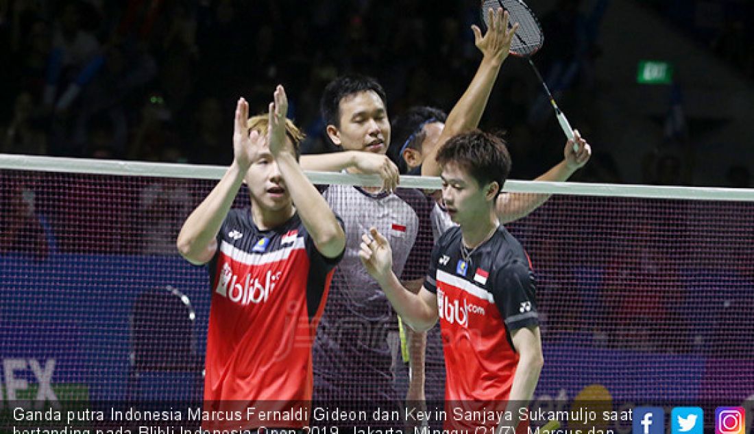 Ganda putra Indonesia Marcus Fernaldi Gideon dan Kevin Sanjaya Sukamuljo saat bertanding pada Blibli Indonesia Open 2019, Jakarta, Minggu (21/7). Marcus dan Kevin menang atas ganda putra Indonesia Mohammad Ahsan dan Hendra Setiawan dengan skor 21-19 21-16. - JPNN.com