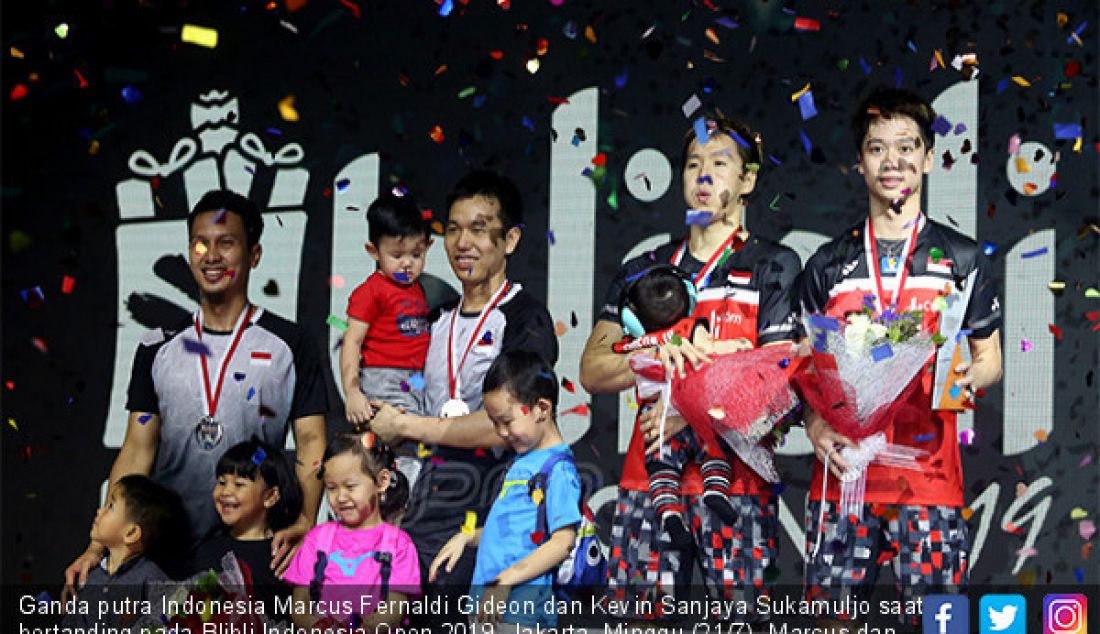 Ganda putra Indonesia Marcus Fernaldi Gideon dan Kevin Sanjaya Sukamuljo saat bertanding pada Blibli Indonesia Open 2019, Jakarta, Minggu (21/7). Marcus dan Kevin menang atas ganda putra Indonesia Mohammad Ahsan dan Hendra Setiawan dengan skor 21-19 21-16. - JPNN.com