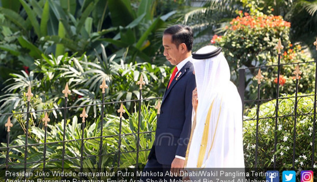 Presiden Joko Widodo menyambut Putra Mahkota Abu Dhabi/Wakil Panglima Tertinggi Angkatan Bersenjata Persatuan Emirat Arab Sheikh Mohamed Bin Zayed Al Nahyan saat kunjungan kenegaraan di Istana Bogor, Rabu (24/7). - JPNN.com