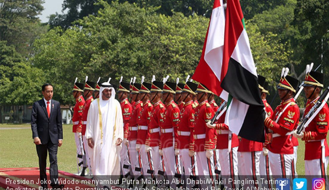 Presiden Joko Widodo menyambut Putra Mahkota Abu Dhabi/Wakil Panglima Tertinggi Angkatan Bersenjata Persatuan Emirat Arab Sheikh Mohamed Bin Zayed Al Nahyan saat kunjungan kenegaraan di Istana Bogor, Rabu (24/7). - JPNN.com