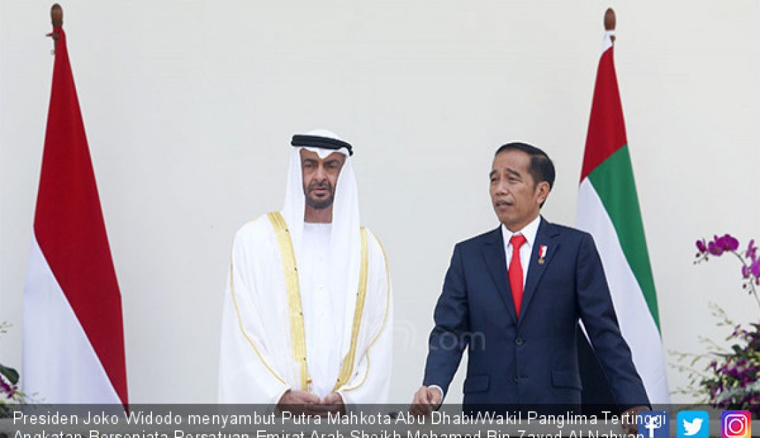 Presiden Joko Widodo menyambut Putra Mahkota Abu Dhabi/Wakil Panglima Tertinggi Angkatan Bersenjata Persatuan Emirat Arab Sheikh Mohamed Bin Zayed Al Nahyan saat kunjungan kenegaraan di Istana Bogor, Rabu (24/7). - JPNN.com