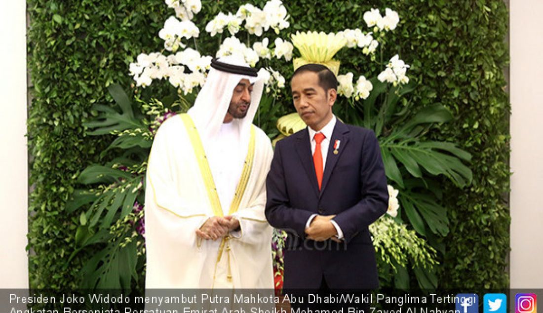 Presiden Joko Widodo menyambut Putra Mahkota Abu Dhabi/Wakil Panglima Tertinggi Angkatan Bersenjata Persatuan Emirat Arab Sheikh Mohamed Bin Zayed Al Nahyan saat kunjungan kenegaraan di Istana Bogor, Rabu (24/7). - JPNN.com