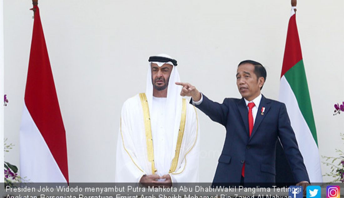 Presiden Joko Widodo menyambut Putra Mahkota Abu Dhabi/Wakil Panglima Tertinggi Angkatan Bersenjata Persatuan Emirat Arab Sheikh Mohamed Bin Zayed Al Nahyan saat kunjungan kenegaraan di Istana Bogor, Rabu (24/7). - JPNN.com