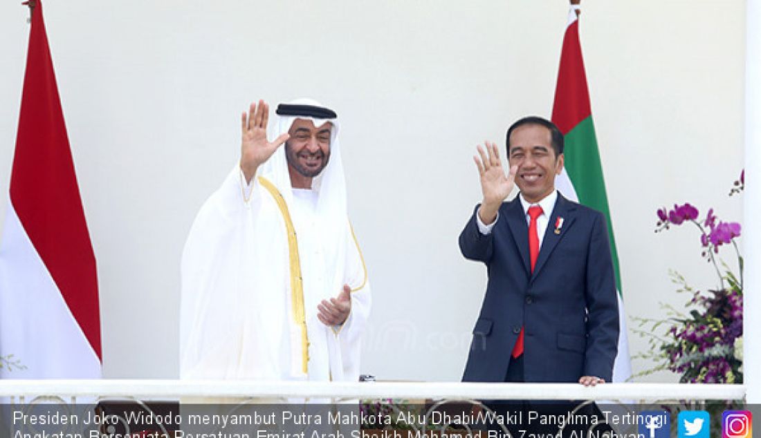 Presiden Joko Widodo menyambut Putra Mahkota Abu Dhabi/Wakil Panglima Tertinggi Angkatan Bersenjata Persatuan Emirat Arab Sheikh Mohamed Bin Zayed Al Nahyan saat kunjungan kenegaraan di Istana Bogor, Rabu (24/7). - JPNN.com