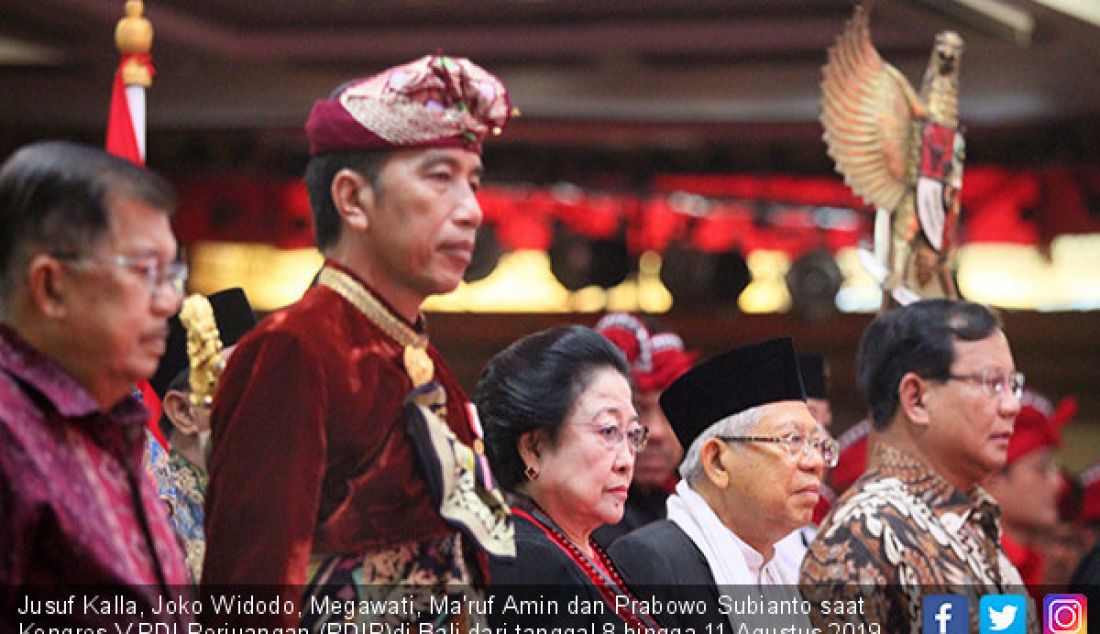 Jusuf Kalla, Joko Widodo, Megawati, Ma'ruf Amin dan Prabowo Subianto saat Kongres V PDI Perjuangan (PDIP)di Bali dari tanggal 8 hingga 11 Agustus 2019, Kamis (8/8). - JPNN.com