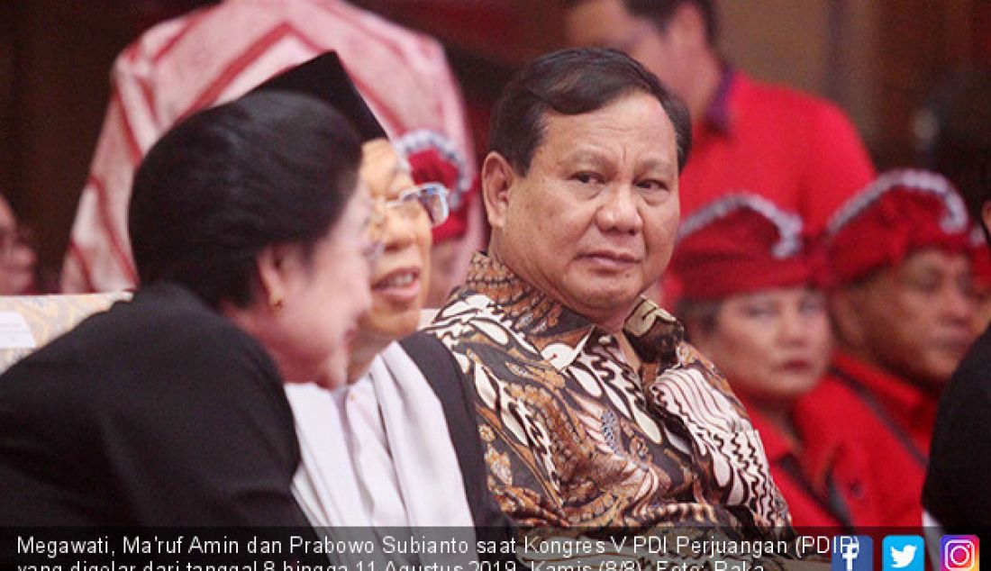 Megawati, Ma'ruf Amin dan Prabowo Subianto saat Kongres V PDI Perjuangan (PDIP) yang digelar dari tanggal 8 hingga 11 Agustus 2019, Kamis (8/8). - JPNN.com