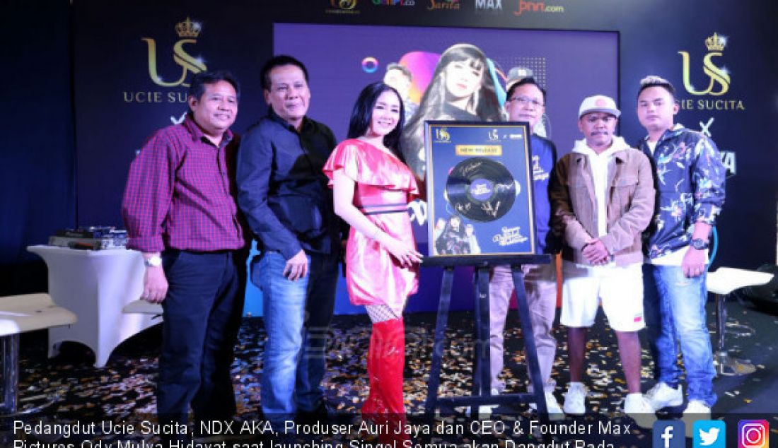 Pedangdut Ucie Sucita, NDX AKA, Produser Auri Jaya dan CEO & Founder Max Pictures Ody Mulya Hidayat saat launching Singel Semua akan Dangdut Pada Waktunya, Jakarta, Jumat (9/8). - JPNN.com