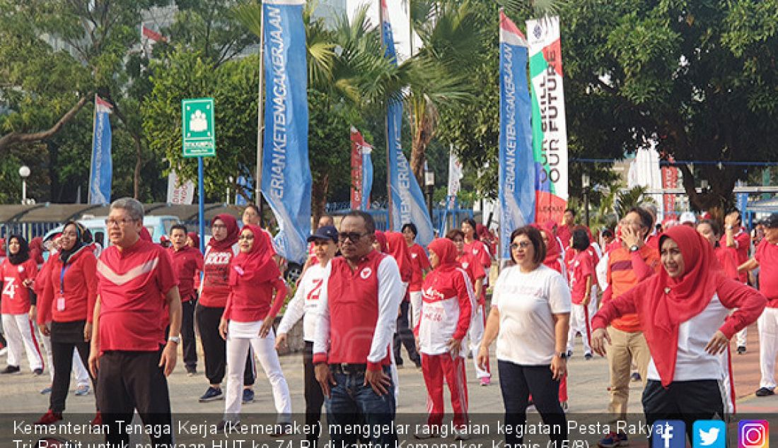 Kementerian Tenaga Kerja (Kemenaker) menggelar rangkaian kegiatan Pesta Rakyat Tri Partiit untuk perayaan HUT ke-74 RI di kantor Kemenaker, Kamis (15/8). Menaker Hanif Dakhiri tampak antusias mengikuti. - JPNN.com