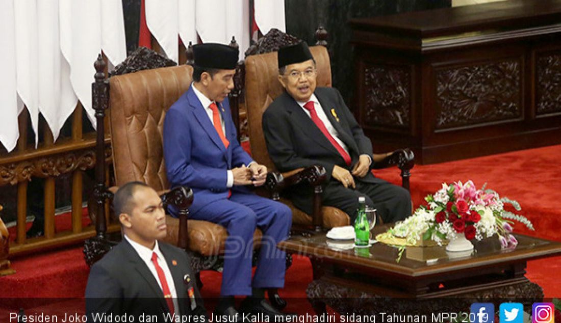 Presiden Joko Widodo dan Wapres Jusuf Kalla menghadiri sidang Tahunan MPR 2019, Jakarta, Jumat (16/8). - JPNN.com